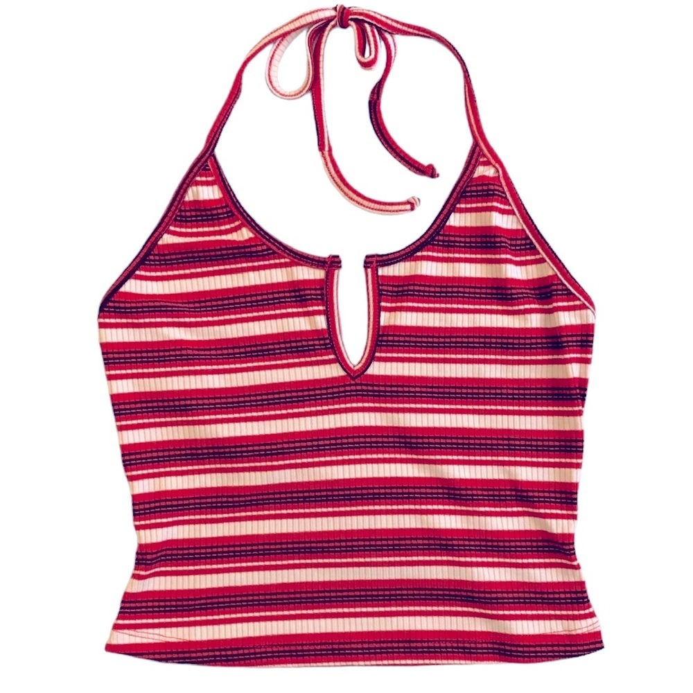 Illa Illa | L | Women's Stretchy Striped Red, White, & Blue Halter Crop Top